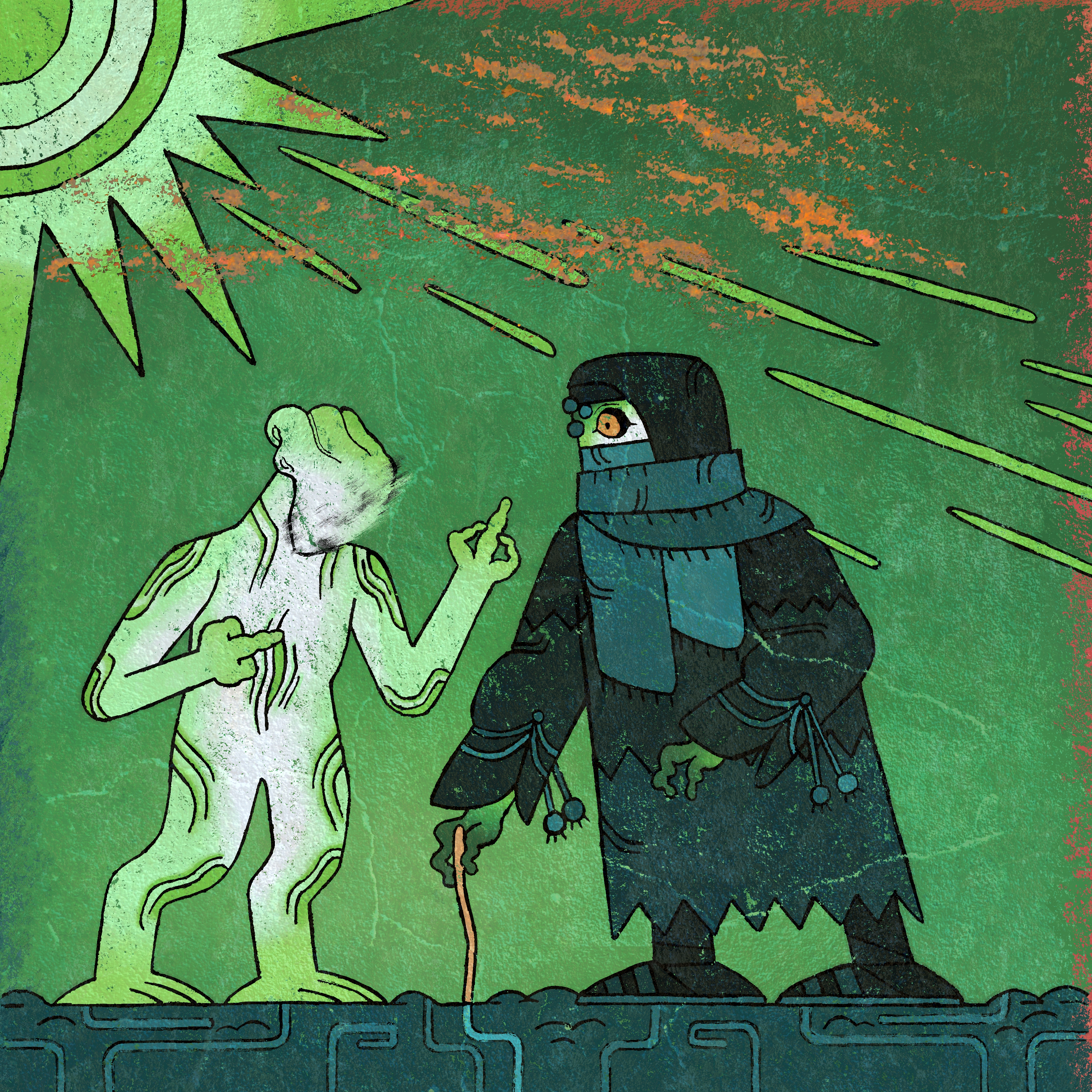 First Age art depicting an encounter between the prophet and his first disciple, Gonisha
