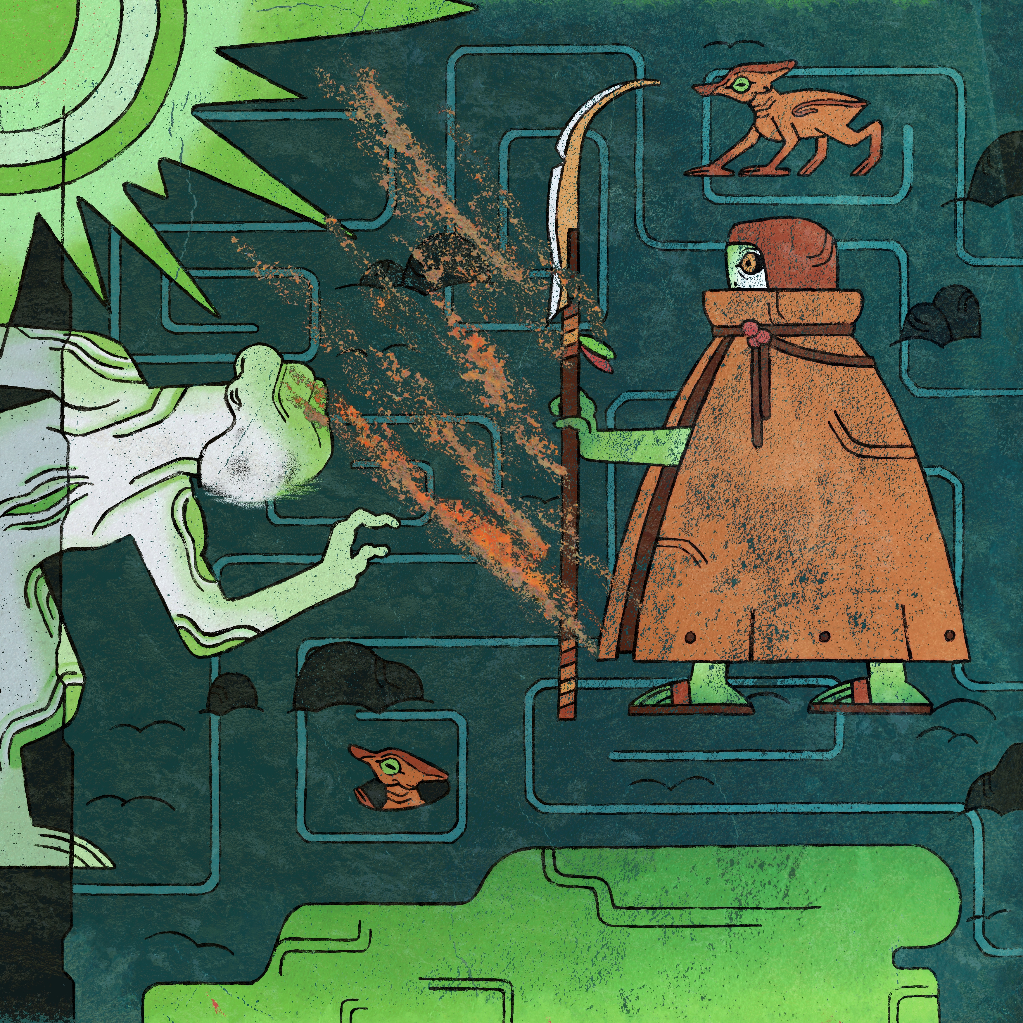 First Age art depicting the prophet running away from the followers of Gonam and entering the desert, home of the Gufams

